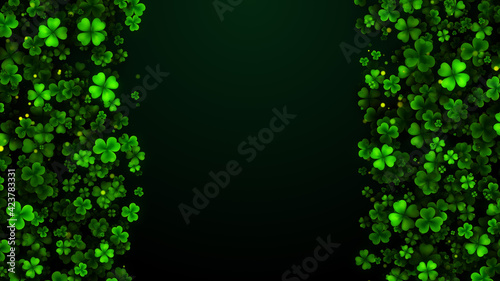 Green Shiny Dark Three And Four Leaf Clovers Flying And Glitter Dust Texture On Left And Right Border Space For Text Background