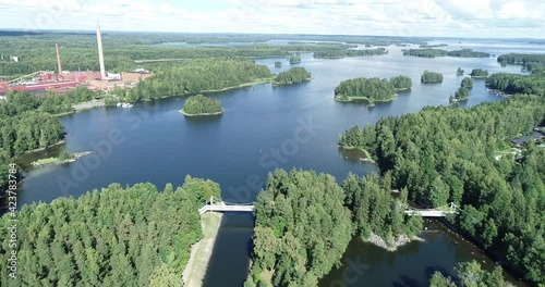 Beautiful summer panorama of Valkeakoski city. Blue sky with clouds. Finland. Drone footage. Aerial view.	 photo