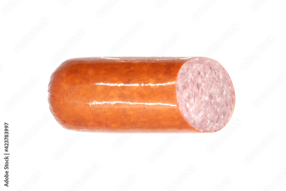 Semi-smoked sliced sausage isolated on white background. Close-up. Semi-smoked sliced sausage isolated on white background. Close-up.