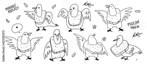 Cartoon pigeons birds with a bread necklace. Outline hand drawn doodle vector illustration of doves. Set of pigeon characters. Clumsy, sarcastic and extremely charming birds. Pigeon mafia