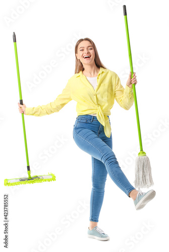 Young woman with floor mops...