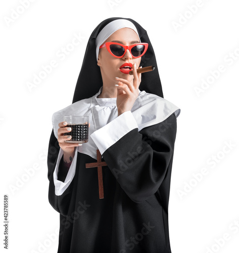 Sexy nun with cigar and alc...