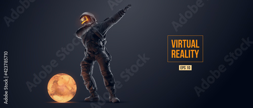 VR headset with neon light, future technology concept banner. Astronaut with virtual reality glasses on black background and Mars planet. VR games. Vector illustration. Thanks for watching