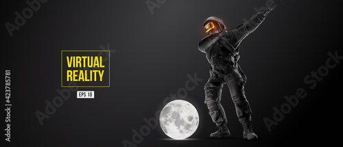 VR headset with neon light, future technology concept banner. Astronaut with virtual reality glasses on black background and Moon planet. VR games. Vector illustration. Thanks for watching