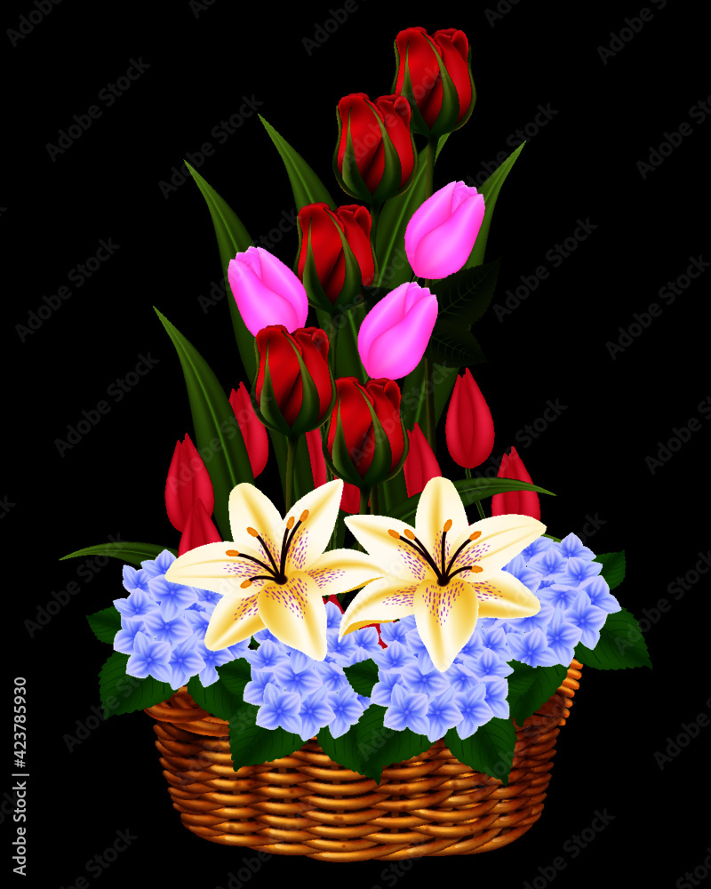 Obraz premium Feliz Día de la Madre con rosas y lirios. Ilustración brillante con flores rojas y sombra. Flores de hermosas para las vacaciones.