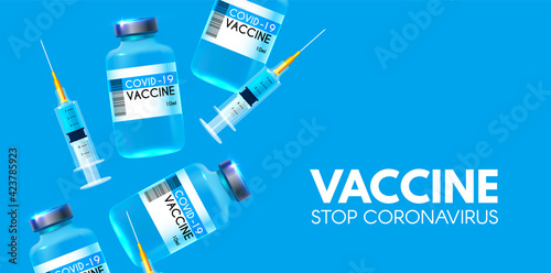 Vector coronavirus vaccine. Stop COVID-19 nCoV 2019 . Vaccine and syringe injection. Medicine infectious concept. Heath care design