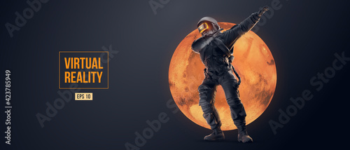 VR headset with neon light, future technology concept banner. Astronaut with virtual reality glasses on black background and Mars planet. VR games. Vector illustration. Thanks for watching