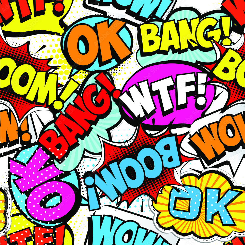 Pop Art seamless comic pattern  . Wow, bang, boom. Retro comic text speech bubble. Cartoon comics  vector illustration.  Pop art background for  textile , fashion, sport wear and more
