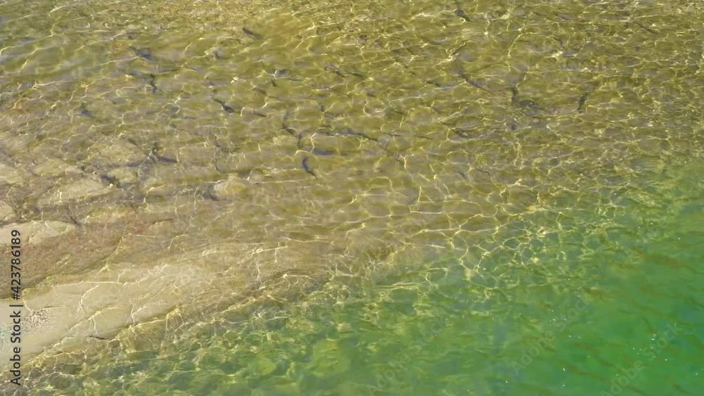 Schimmernde Reflexionen im flachen Wasser eines Flusses mit leichten Wellen Schimmernde Reflexionen im flachen Wasser eines Flusses mit leichten Wellen