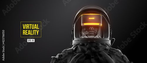 VR headset with neon light, future technology concept banner. Astronaut with virtual reality glasses on black background. VR games. Vector illustration. Thanks for watching