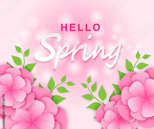 Hello spring background.  paper art style flowers and tree leaves. light and shadow. Vector.