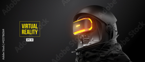 VR headset with neon light, future technology concept banner. Astronaut with virtual reality glasses on black background. VR games. Vector illustration. Thanks for watching
