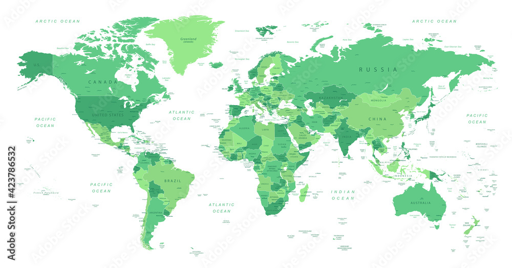 World Map. Highly detailed map of the world with detailed borders of all countries with cities, capitals and regions, in green colors. Vector illustration