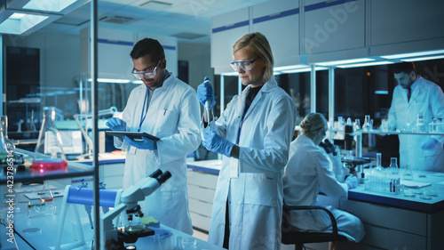 Female and Male Medical Research Scientists Have a Conversation While Conducting Experiments in Sample Test Tubes, Writing Analysis Results on a Tablet Computer. Modern Biological Science Laboratory.