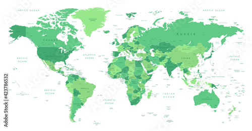 World Map. Highly detailed map of the world with detailed borders of all countries with cities  capitals and regions  in green colors. Vector illustration