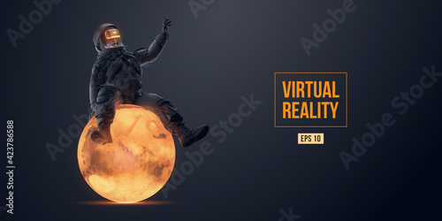 VR headset with neon light, future technology concept banner. Astronaut with virtual reality glasses on black background and Mars planet. VR games. Vector illustration. Thanks for watching