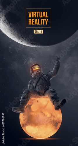 VR headset with neon light, future technology concept banner. Astronaut with virtual reality glasses on black background and Mars planet. VR games. Vector illustration. Thanks for watching