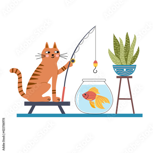 Composition of a cute cat with a fishing rod, aquarium with goldfish, and a houseplant. For the design of posters, banners and notebook covers