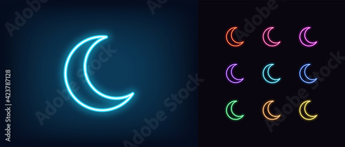Neon crescent icon. Glowing neon crescent sign, outline moon symbol and silhouette