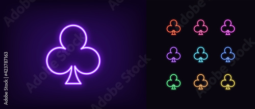 Neon club suit icon. Glowing neon clubs sign, outline card suit symbol and silhouette