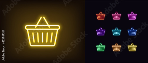 Neon shop basket icon. Glowing neon basket with handle, outline sign and silhouette