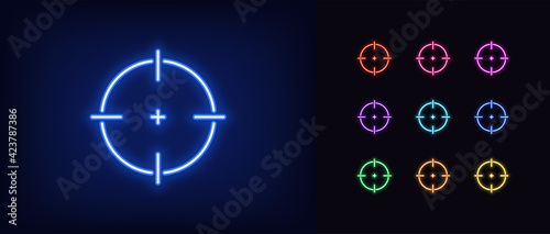 Neon aim icon. Glowing neon target sign, outline crosshair silhouette