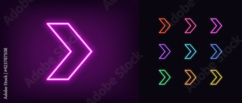 Neon arrow icon. Glowing neon motion sign, outline arrow pointer silhouette