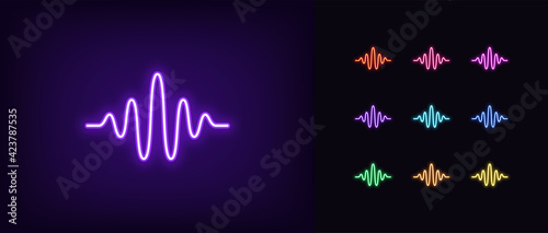 Neon sound wave icon. Glowing neon waveform sign, outline voice silhouette