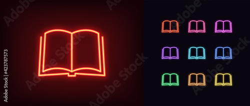 Neon open book icon. Glowing neon book sign, outline textbook silhouette