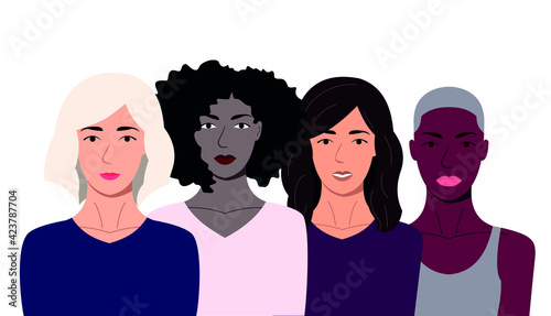 Young women diverse faces ethnic poster. Women of different nationalities and cultures stand side by side. Strong and brave girls support each other and the feminist movement. International Women's Da
