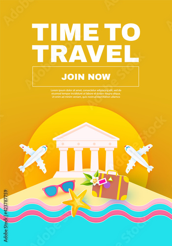 Summer vacation. Time to travel. Tourism flyer templatr with antique temple, plane, suitcase and sun. Museum poster