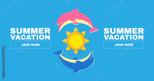 Summer vacation flyer template with dolphines and sun. Travel label