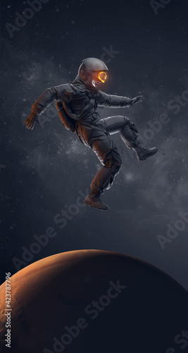 VR headset with neon light, future technology concept banner. Astronaut with virtual reality glasses on black background and Mars planet. VR games. Vector illustration. Thanks for watching