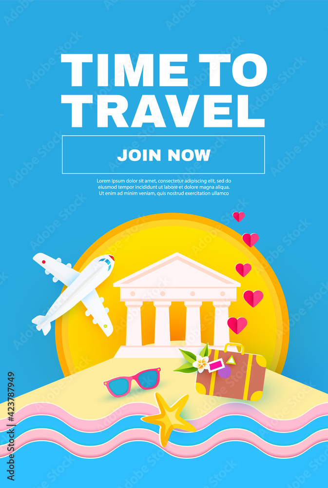 Summer vacation. Time to travel. Tourism flyer templatr with antique temple, plane, suitcase and sun. Museum poster