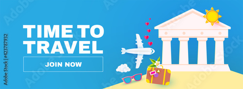 Summer vacation. Time to travel. Tourism flyer templatr with antique temple, plane, suitcase and sun. Museum poster