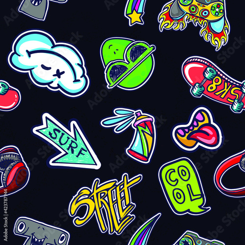Bright seamless skate sticker pattern for boys, teenagers, fashion textile, clothes, wrapping paper. Repeated print with  space 