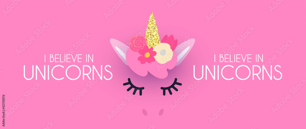 Cute unicorn with horn, flowers and slipping eyes, I believe in unicorns poster template. Kid design Cute unicorn with horn, flowers and slipping eyes, I believe in unicorns poster template. Kid design