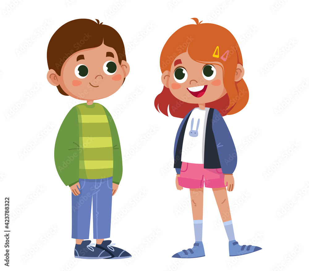 Two school children talking vector. Full-length characters. Boy and girl kids. Illustration funny clipart set