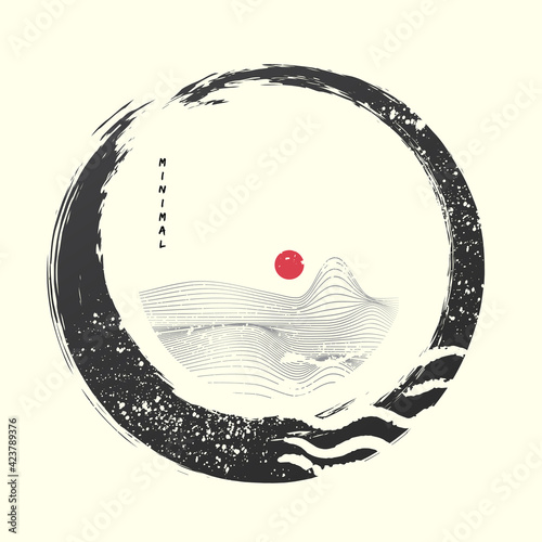 Abstract japanese composition with ink stains. Oriental landscape with sun and mountains
