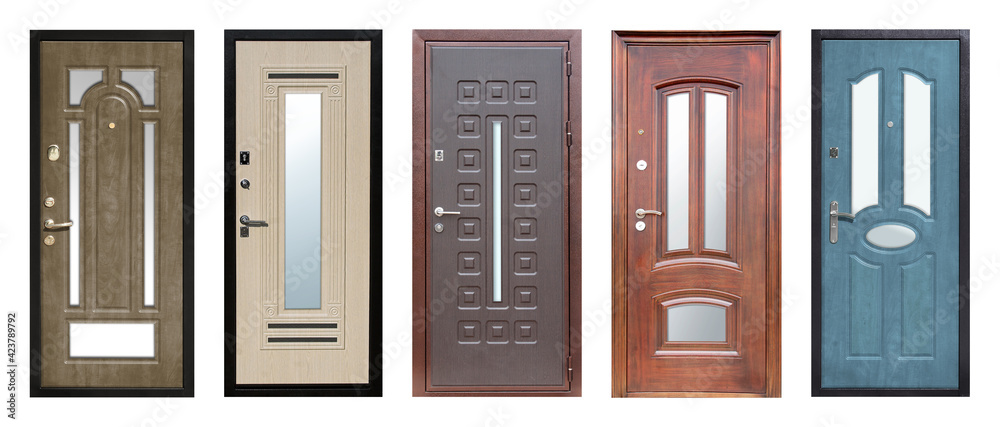 Set of models of entrance metal doors isolated on white background Set of models of entrance metal doors isolated on white background