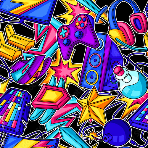 Seamless pattern with gaming items. Cyber sports, computer games, fun recreation.