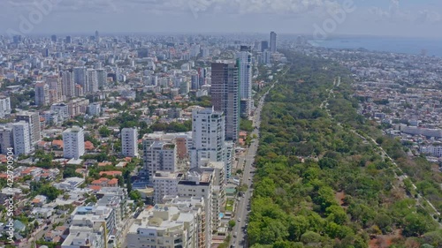 Avenida Anacaona at Santo Domingo city. Aerial forward panoramic view photo