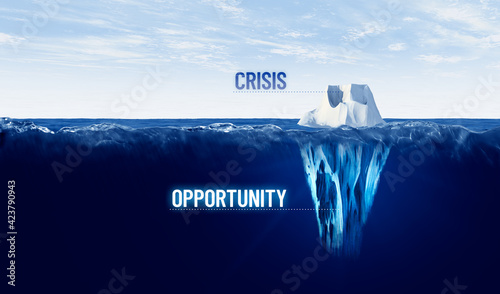 Crisis is opportunity concept with iceberg, crisis is visible, opportunity is hidden 