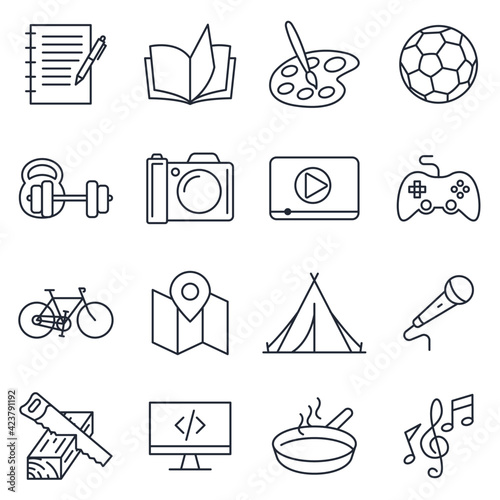 Set of hobby icon. Hobbies for children or people at home and outdoors. Sports, reading, drawing, music and singing, photo and video symbol template for graphic and web design collection logo vector i