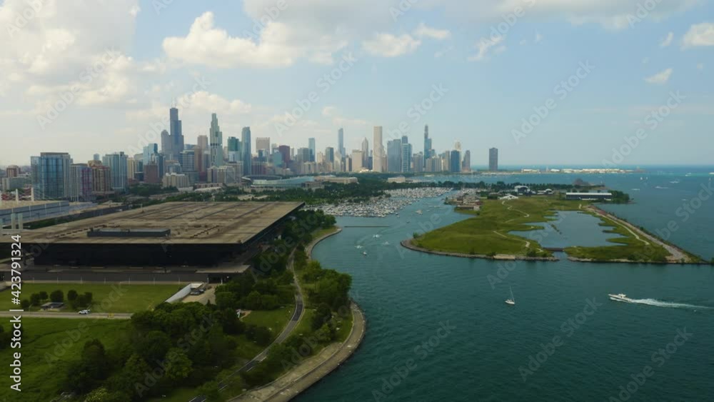 Wide Angle View of Northerly Island with Chicago City Skyline in Background. Pedestal Down