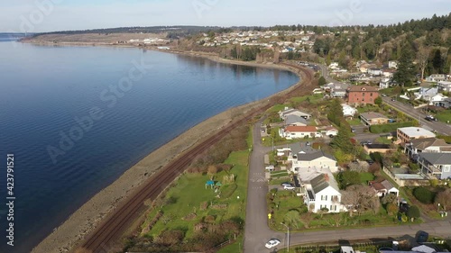 Wallpaper Mural Cinematic drone aerial footage of Steilacoom, Sunnyside Beach Park, Chambers Bay, Chambers Creek flowing into Puget Sound, near Lakewood, Tacoma in Pierce County Washington Torontodigital.ca