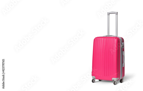 Modern pink suitcase for women on white background