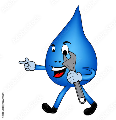 Caricatura sobre la gota de agua, señalando con la mano y con la otra sosteniendo una llave