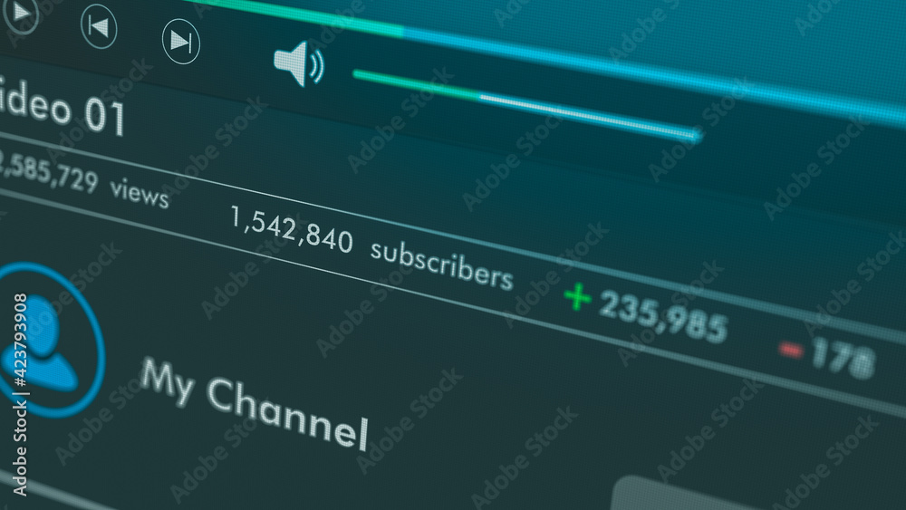 close-up view of a computer monitor, video channel template with lot of views and subscribers, dark theme (3d render)