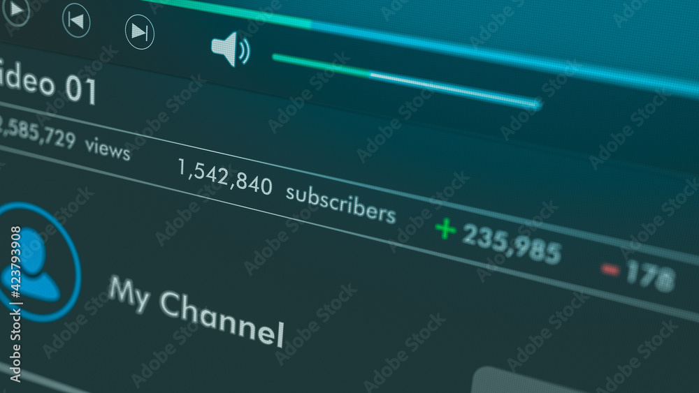 close-up view of a computer monitor, video channel template with lot of views and subscribers, dark theme (3d render) close-up view of a computer monitor, video channel template with lot of views and subscribers, dark theme (3d render)